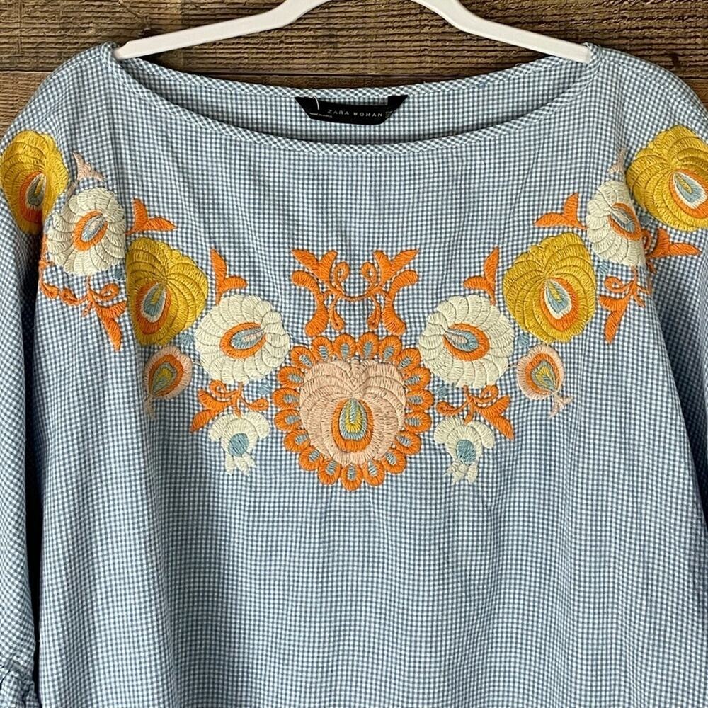 Zara Woman Blue White Gingham Check Floral Embroidered Tunic Top SZ Medium - Picture 2 of 11